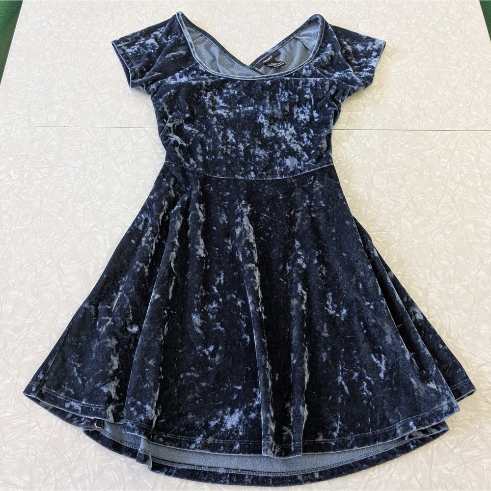 Blue Crushed Velvet Cross Back Babydoll Mini Dress Women's Small